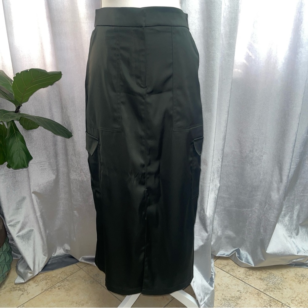 House of Harlow 1960 Dark Green Satin Cargo Pocket-Long Skirt W/Slit-HighWaist-S